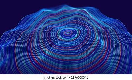 Digital Wave Particles Grid Big Data Background. Spreadint Sound Waves Circles. Streaming Data. Futuristic Circular Sound Wave. Big Data Visualization. 3D Virtual Space VR Cyberspace. Vector.