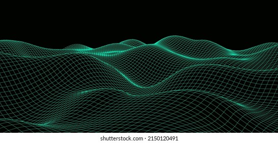 Digital Wavy Wireframe Landscape. Futuristic Linear Undulating Terrain. Digital Cyberspace In Mountains With Valleys. Vector Illustration.