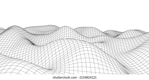 Digital wavy wireframe landscape. Futuristic linear undulating terrain. Digital cyberspace in mountains with valleys. Vector illustration.