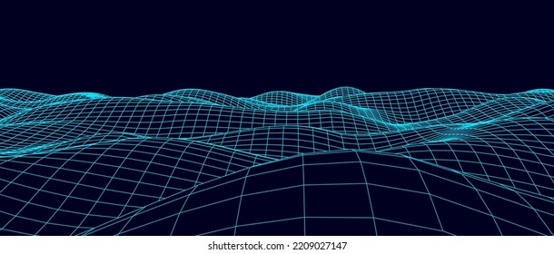 Digital wavy wireframe landscape. Futuristic linear undulating terrain. Digital cyberspace in mountains with valleys. Vector illustration.