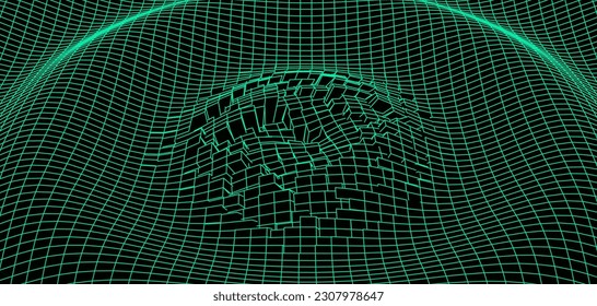 Digital wavy wireframe landscape on green background. Futuristic linear undulating terrain. Digital cyberspace in mountains with valleys. Vector illustration.