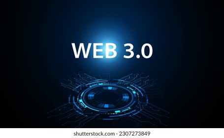 Digital Web 3.0 concept. Semantic Web and AI algorithms analyze, interpret and evaluate data such as DeFi, Crypto, NFT, DApps, Smart Contract or Blockchain on a beautiful blue background.