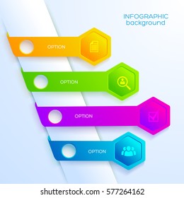 Digital web infographic template with business icons four colorful ribbons and hexagons on light background vector illustration