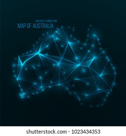 Digital web map of Australia. Global network connection with glowing triangular elements . Abstract country wireframe . Technology vector illustration . Australia shape