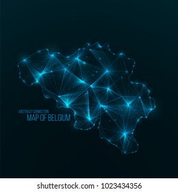 Digital web map of Belgium . Global network connection with glowing triangular elements . Abstract country wireframe . Technology vector illustration . Belgium shape