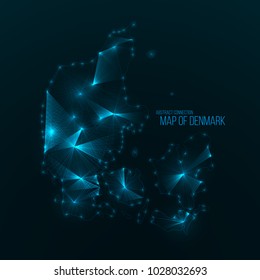 Digital web map of Denmark. Global network connection with glowing triangular elements . Abstract country wireframe . Technology vector illustration . Denmark polygonal shape .