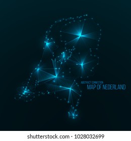 Digital web map of Nederland. Global network connection with glowing triangular elements . Abstract country wireframe . Technology vector illustration . Nederland futuristic shape .