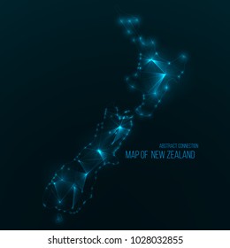 Digital web map of New Zealand. Global network connection with glowing triangular elements . Abstract country wireframe . Technology vector illustration . New Zealand futuristic polygonal shape .