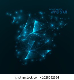 Digital web map of Spain. Global network connection with glowing triangular elements . Abstract country wireframe . Technology vector illustration . Spain fururistic polygonal shape .