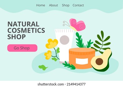 Digital Web page design template for online shop of organic natural cosmetics. Body, face, skin, hair, plant, avocado, cream, soap, shampoo. 
Vector illustration for main page of website, banner