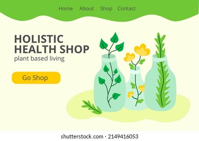 Digital Web page design template of main screen
 for holistic health online shop. Plant. Pharmacy. 
Naturopathic. Organic. Floral Vector illustration for website