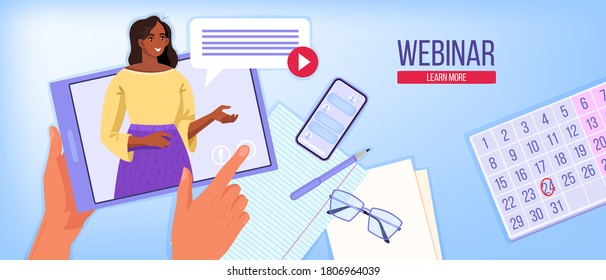 Digital Webinar Vector Illustration With Black Woman Tutor Teaching Online, Tablet, Smartphone, Home Workplace. Virtual Conference Or Online Business Training Concept. Webinar Background In Flat Style