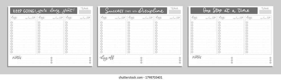 Digital weekly and daily planner with inspirational lettering design. Success starts with discipline motivational to do list weekly. Vector planner illustration