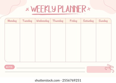 Digital weekly planner template, cute and adorable for tablet planner, horizontal, a4 size. Simple and lovely, girlie, coquette vibe with pink line and box. Doodle style, schedule with note journaling