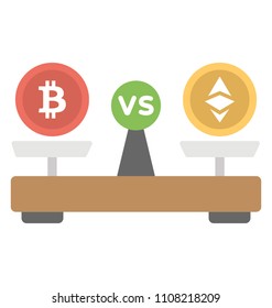 Digital weighing scale with bitcoin on one pulse and ethereum on the  other giving bitcoin and ethereum comparison 
