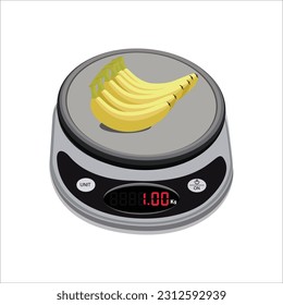 Digital weighing scale. bunch of banana on a weighing scale, and isolated on white background. Weight machine vector illustration. Food weight kitchen illustration.