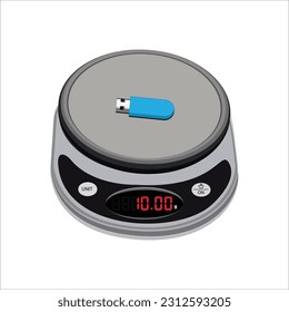 Digital weighing scale. pendrive on a weighing scale, and isolated on white background. Weight machine vector illustration. Food weight kitchen illustration.