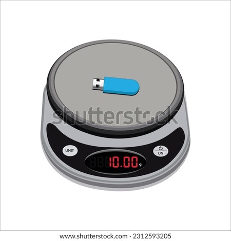 Digital weighing scale. pendrive on a weighing scale, and isolated on white background. Weight machine vector illustration. Food weight kitchen illustration.