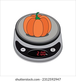 Digital weighing scale. Pumpkin on a weighing scale, and isolated on white background. Weight machine vector illustration. Food weight kitchen illustration.