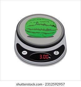 Digital weighing scale. Watermelon on a weighing scale, and isolated on white background. Weight machine vector illustration. Food weight kitchen illustration.