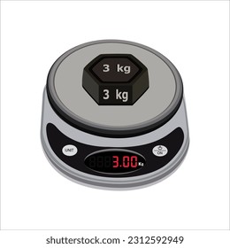 Digital weighing scale. Weight stones 3kg on a weighing scale, and isolated them on white background. Weight machine vector illustration. Food weight kitchen illustration.