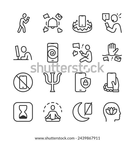 Digital Wellbeing, Addiction, icon set. Overcoming Smartphone Addiction, Content Bingeing, Doomscrolling, Fomo. Time Limits, Notification Managers, Therapy, Restore Tech-Life Balance. Editable stroke