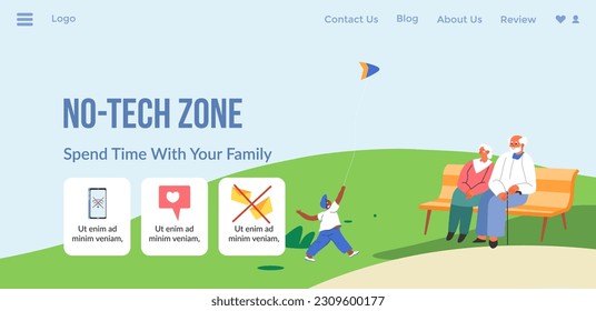 Digital wellbeing and control, spend time with your family and friends, not phone. Digital detox and reduction of screen usage. Website landing page template, online site. Vector in flat style