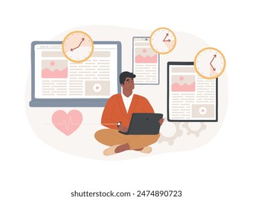 Digital wellbeing isolated concept vector illustration. Office wellbeing, digital health, device stress management, device and internet free time, social media time tracking app vector concept.