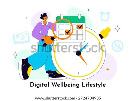 Digital Wellbeing Lifestyle Vector Illustration Featuring Healthy Technology Balance, Mindful Online Habits, And Modern Wellness Background