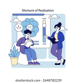 Digital well-being and mental health focus on understanding emotions. Illustrating the moment of realization, it captures the struggle and support involved in navigating mental challenges. Vector