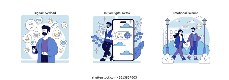 Digital well-being and mental health illustration series. Focus on digital overload, digital detox, and achieving emotional balance. Offers insights into managing technology and mental wellness