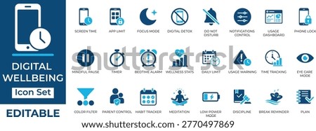 Digital wellbeing and screen time vector icon set. Editable flat UI icons for digital detox, focus mode, parental control, and health apps.