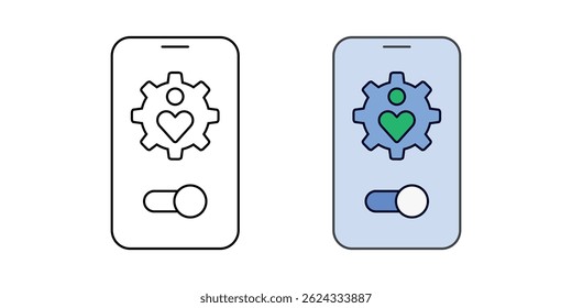 Digital well-being settings icon – a gear containing the digital wellbeing symbol and a toggle switch, representing user control over screen time, app limits, and healthy tech habits.