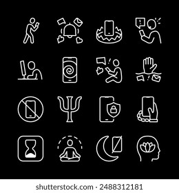 Digital wellbeing, white line icons. Overcoming smartphone addiction and content bingeing, promoting tech-life balance. Symbols on black background. Editable stroke.
