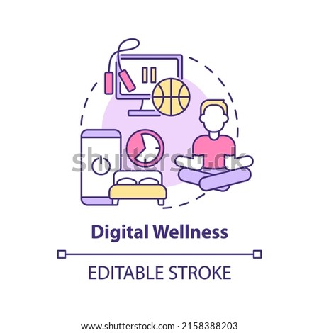 Digital wellness concept icon. Life and social media balance. Mental health trend abstract idea thin line illustration. Isolated outline drawing. Editable stroke. Arial, Myriad Pro-Bold fonts used