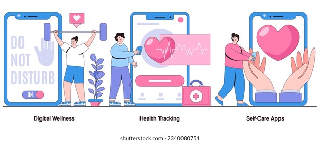 Digital Wellness, Health Tracking, Self-Care Apps Concept with Character. Well-Being Technology Abstract Vector Illustration Set. Balance, Self-Improvement, Holistic Health Metaphor.