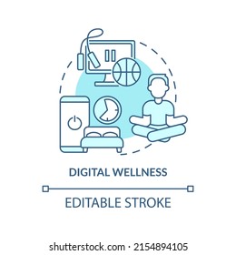 Digital wellness turquoise concept icon. Life and social media. Mental health trend abstract idea thin line illustration. Isolated outline drawing. Editable stroke. Arial, Myriad Pro-Bold fonts used