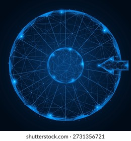 The digital wheel of fortune. The geometric structure of an arrow wheel, controlled by data and algorithms. Low-poly design of interconnected lines and dots, blue background.
