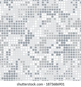 Digital white monochrome background. Seamless Halftone dots camouflage pattern for your design. Vector camo texture in polka dots.