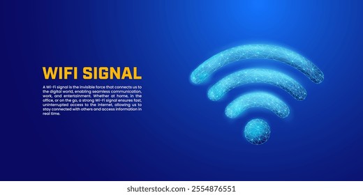 Digital wifi icon in low poly style and dark blue background suitable for web landing pages, virtual private networks, wireless connections, and the internet.