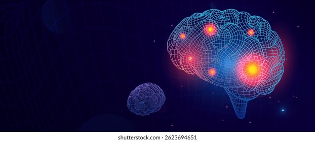 Digital Wireframe Brain With Glowing Pain Points Headache Symbolizing, Neural Discomfort On Futuristic Background. Ideal For Medical And Health Topics. Superwide Vector Illustration.
