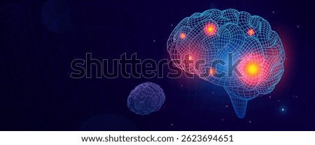 Digital Wireframe Brain With Glowing Pain Points Headache Symbolizing, Neural Discomfort On Futuristic Background. Ideal For Medical And Health Topics. Superwide Vector Illustration.