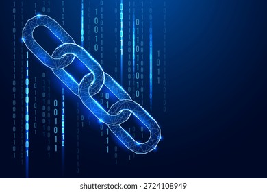 Enlace de cadena de alambre digital que brilla en azul con fondo de código binario, que simboliza blockchain, ciberseguridad e integridad de datos. Ideal para tecnología, criptografía y gráficos de red descentralizados.