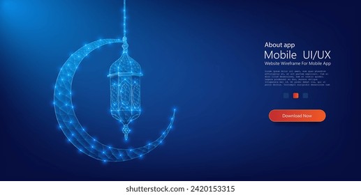 Digital wireframe design of a crescent moon and traditional lantern, symbolizing Ramadan in a modern, technological style. Futuristic Crescent Moon and Lantern Illustration for Ramadan