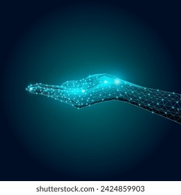 Digital wireframe hand extended against dark blue background. Technology service advertisement showcasing futuristic digital solutions. Modern technologies, innovation, artificial intelligence concept