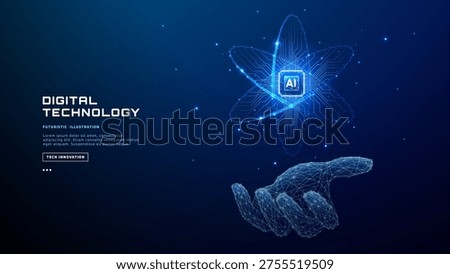 Digital wireframe hand holding AI chip hologram with atom icon. Tech AI semiconductor with circuit board elements. Artificial intelligence innovation concept. Technology vector illustration.