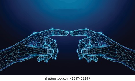 Digital Wireframe Hands Reaching with Cyan-Blue Glow