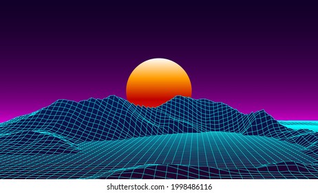 Digital wireframe landscape of the 80s. Futuristic background in retro style. Vector background for party.