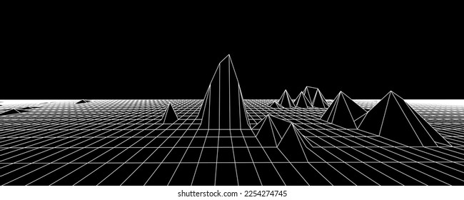 Digital wireframe landscape on black background. Wireframe terrain polygon landscape design. Digital cyberspace in mountains with valleys. Vector illustration.