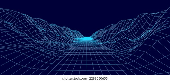 Panorama digital de wireframe en fondo azul. Diseño paisajístico de polígono de alambre. Ciberespacio digital en montañas con valles. Ilustración vectorial.